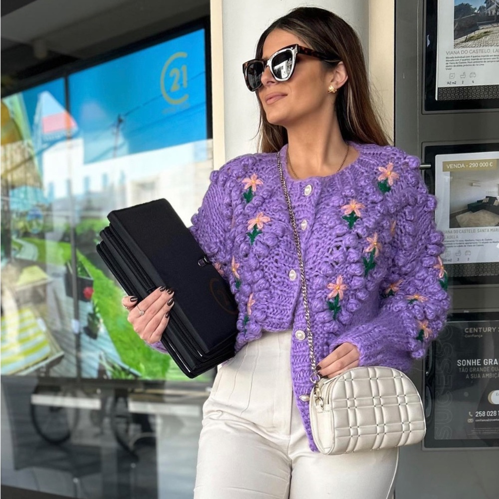 Stitch floral Pom-Pom hand knit cardigan sweater